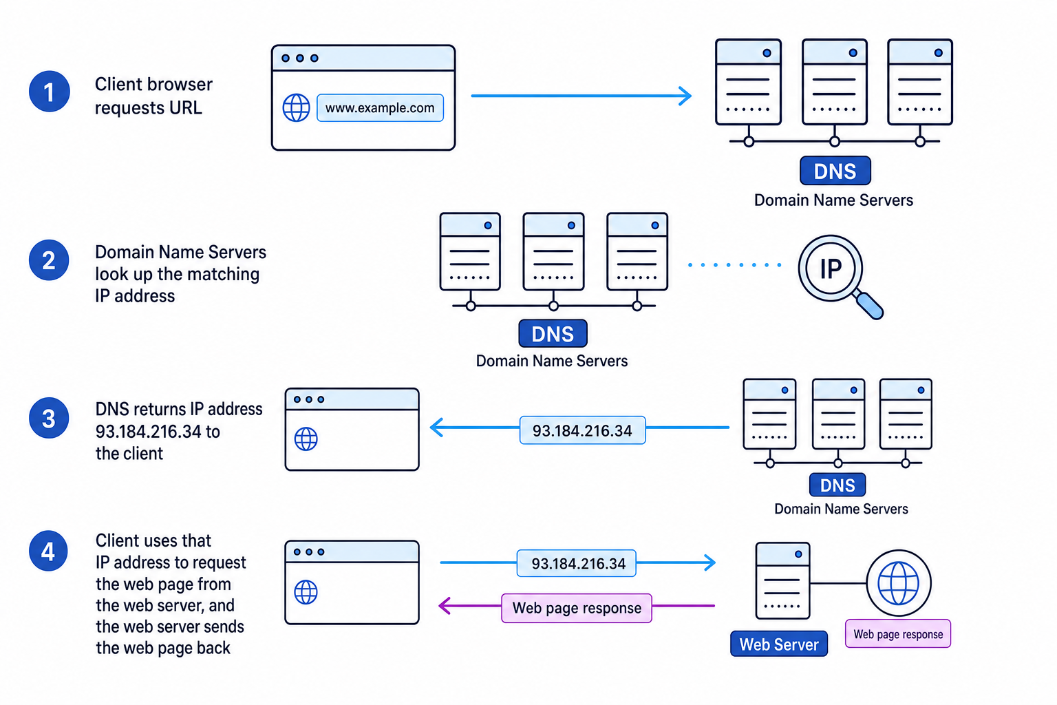 DNS lookup process from URL to IP address to web server response