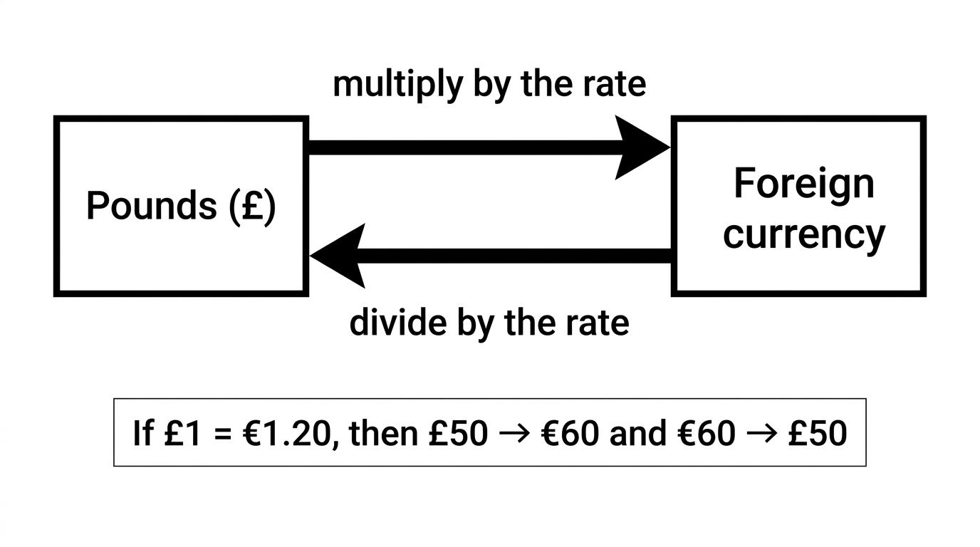 Currency exchange conversion diagram showing multiply from pounds to foreign currency and divide back to pounds