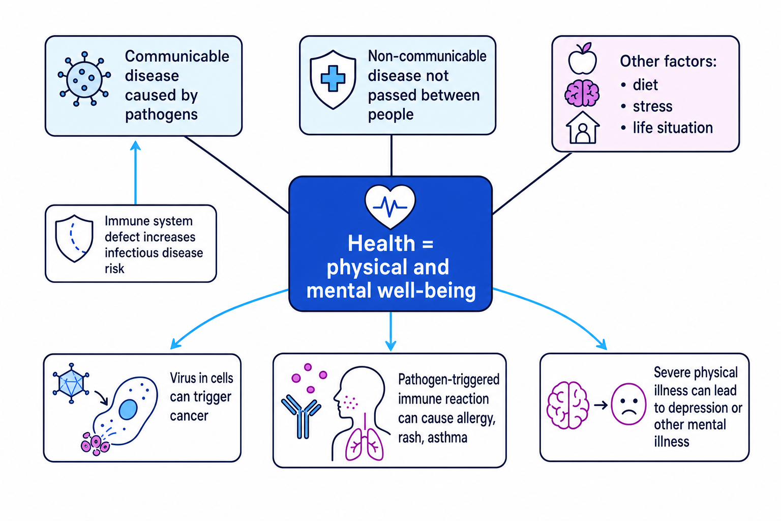 Concept map showing health as physical and mental well-being, linked to communicable disease, non-communicable disease, diet, stress, life situation and disease interactions