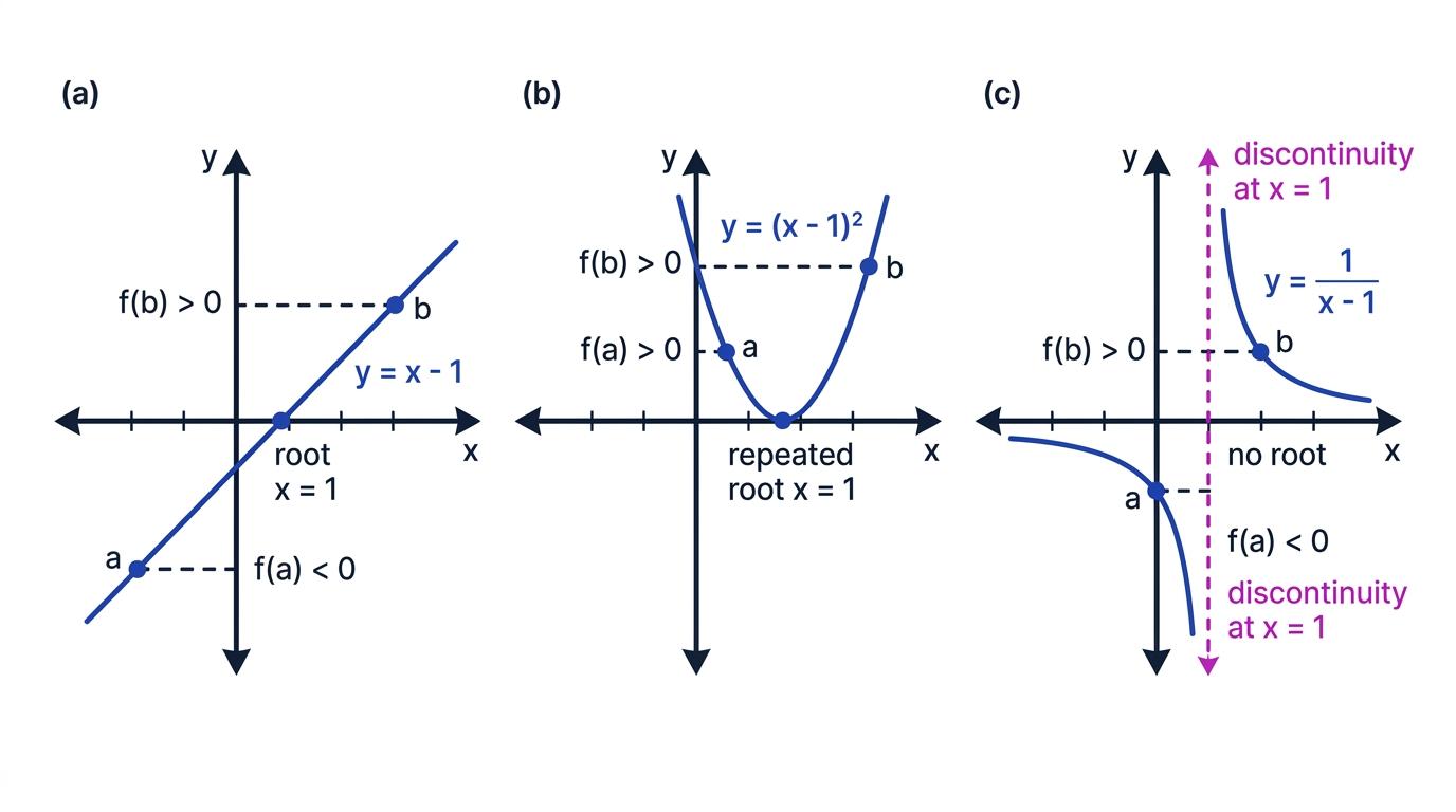 Three graphs comparing a crossing root, a repeated root that only touches the axis, and a discontinuity with no root