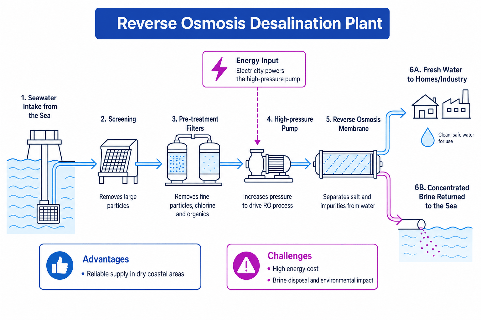 Labelled schematic of a reverse osmosis desalination plant showing seawater intake, filters, high-pressure pump, membrane, freshwater output, brine output and energy input