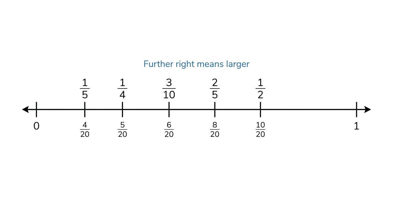 Number line showing fractions ordered from one fifth to one half using twentieths