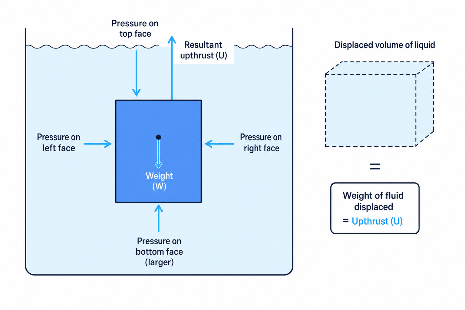 Diagram showing upthrust on an immersed block caused by greater pressure on the bottom face