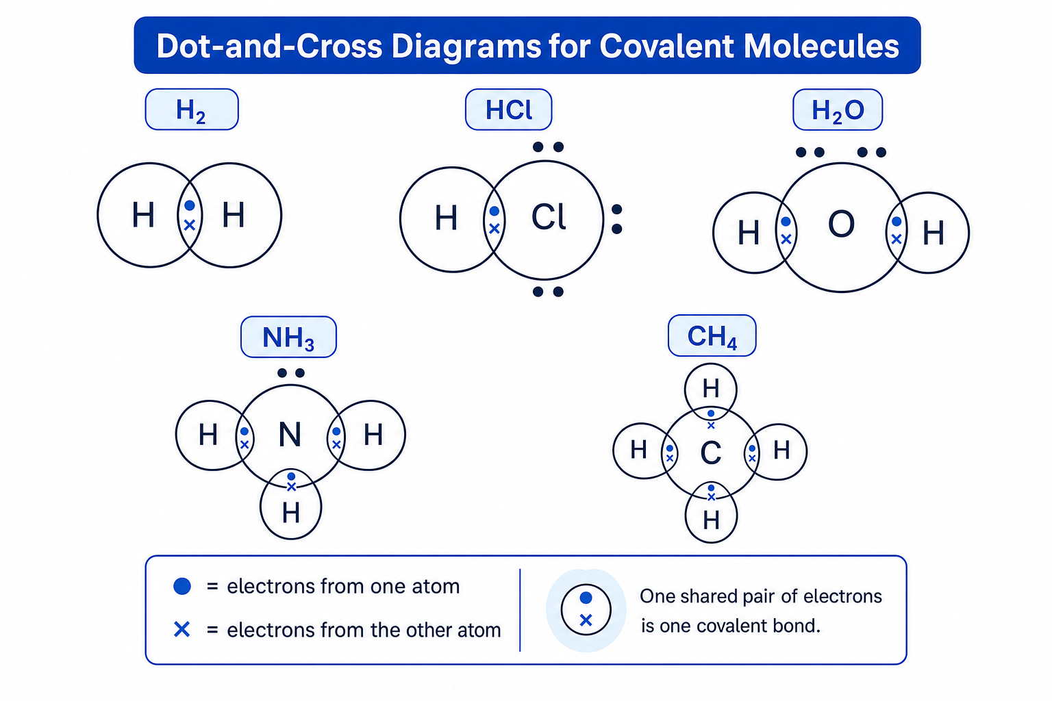 Dot-and-cross diagrams for H2, HCl, H2O, NH3 and CH4
