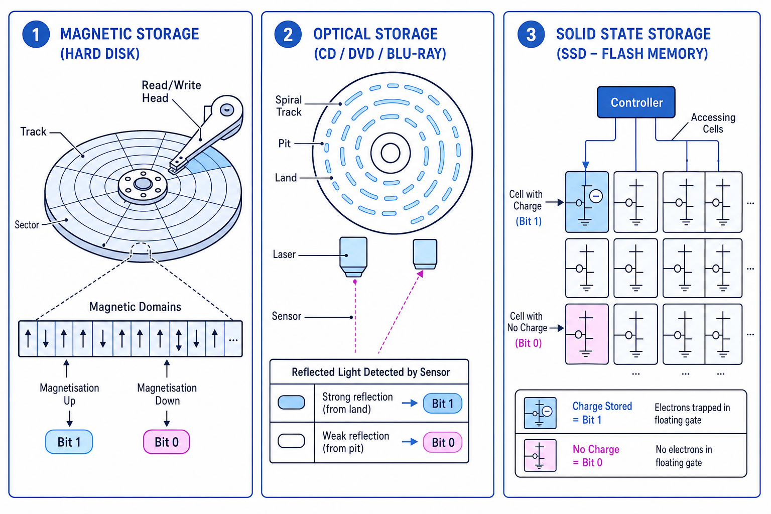 Diagram comparing magnetic, optical and solid-state storage methods