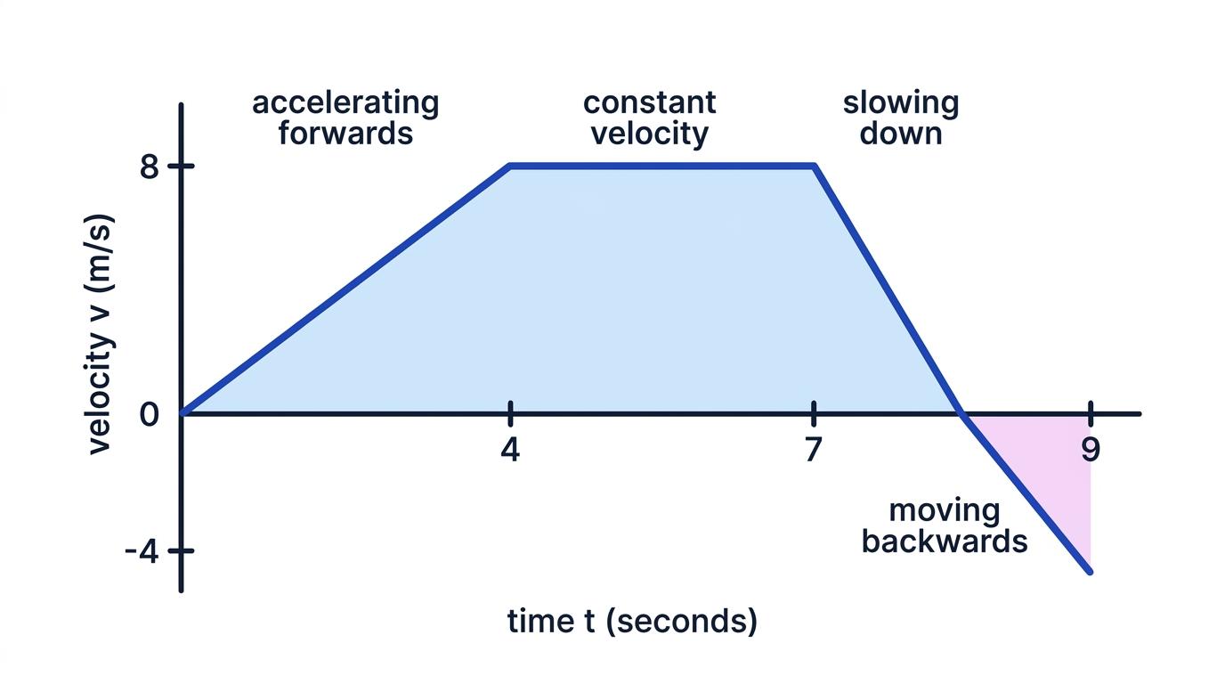 Velocity-time graph with acceleration, constant velocity, slowing down and backwards-motion phases