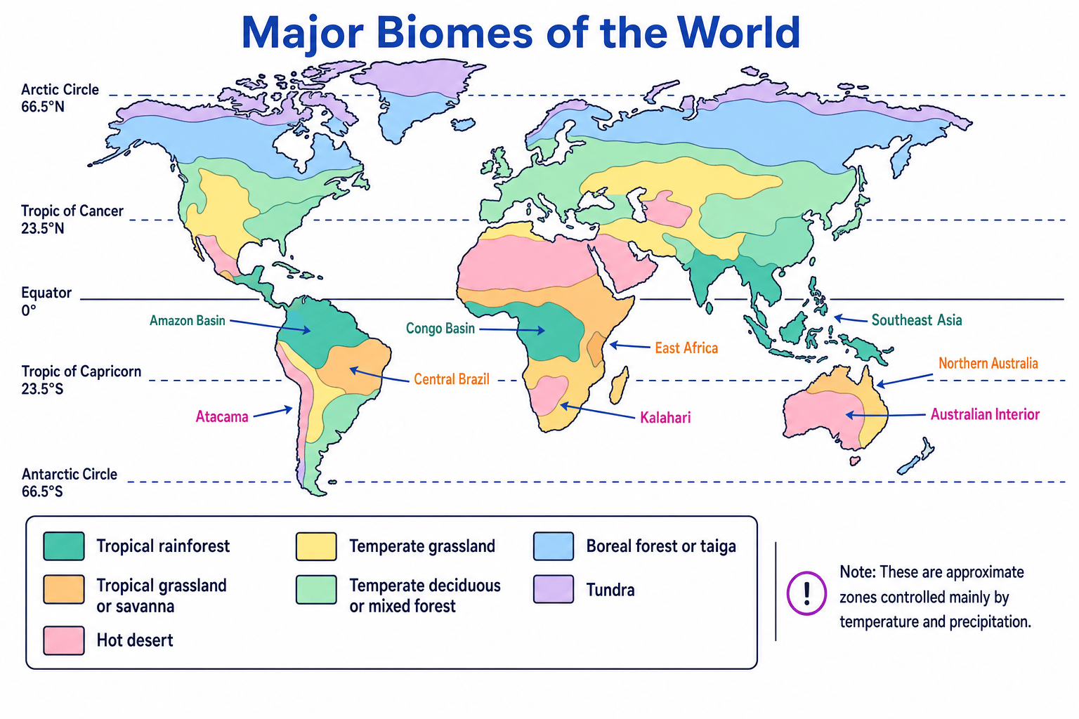 Simplified world map showing the distribution of major biomes