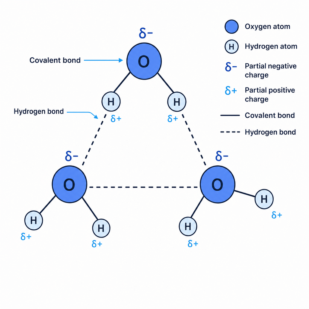 Water molecules and hydrogen bonding