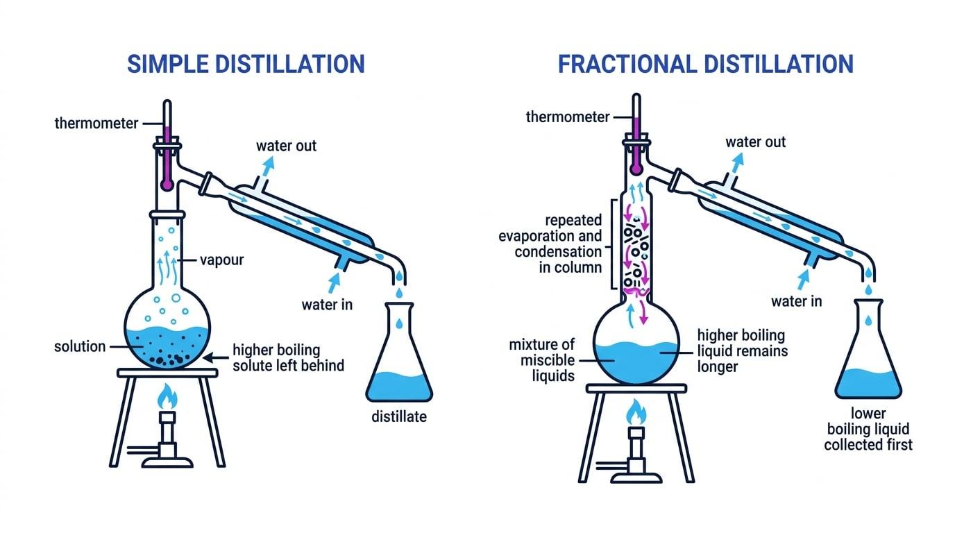 Labelled diagrams of simple distillation and fractional distillation apparatus