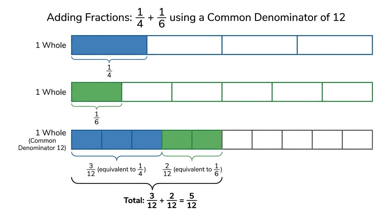 Fraction strips showing one quarter plus one sixth as twelfths