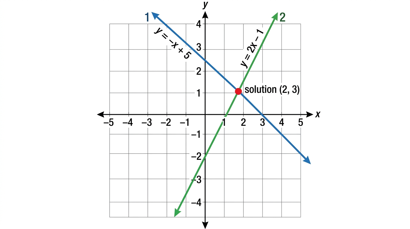 Two straight-line graphs crossing at the labelled solution point (2, 3)