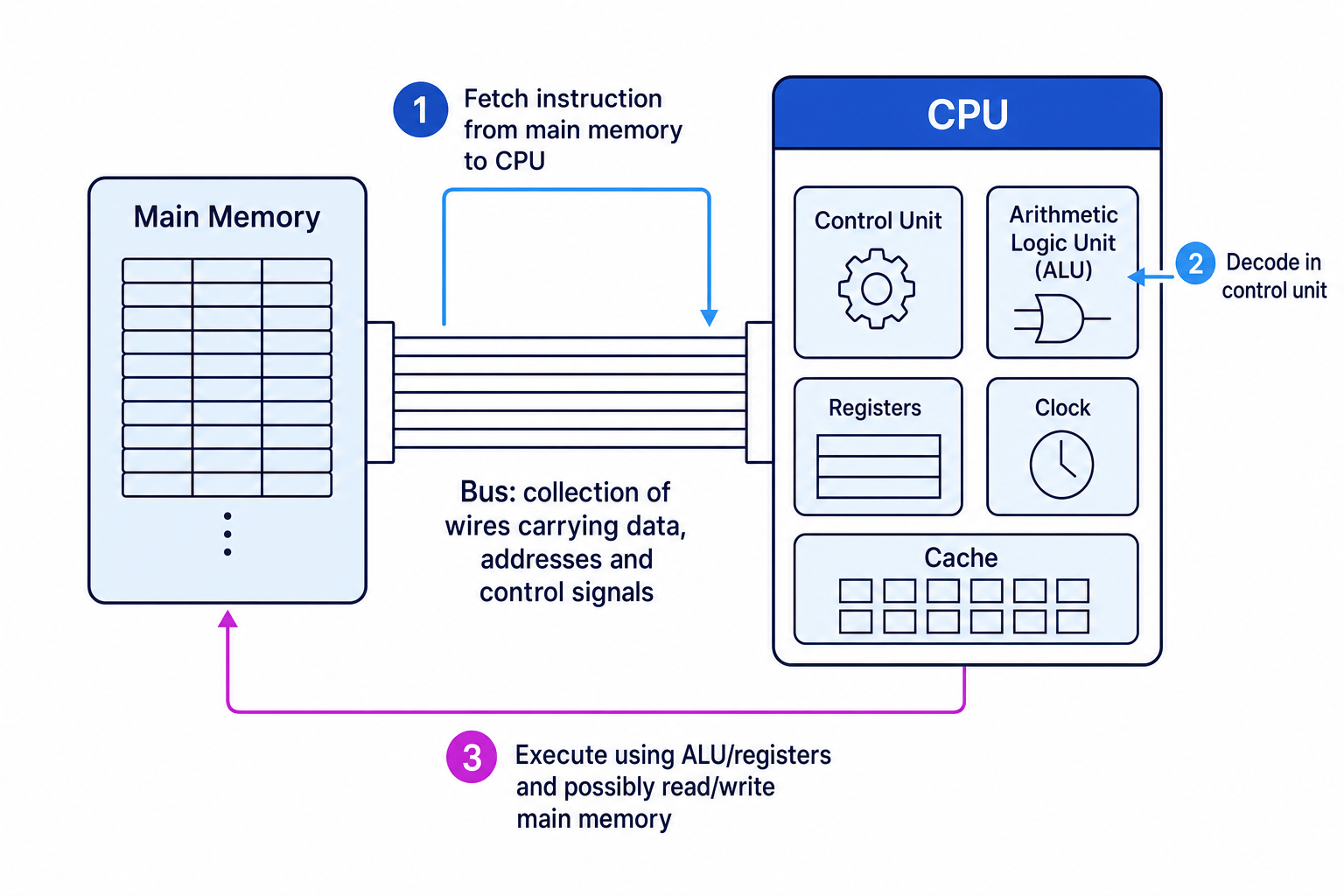 CPU connected to main memory using buses, showing ALU, control unit, registers, clock, cache and the Fetch Decode Execute cycle