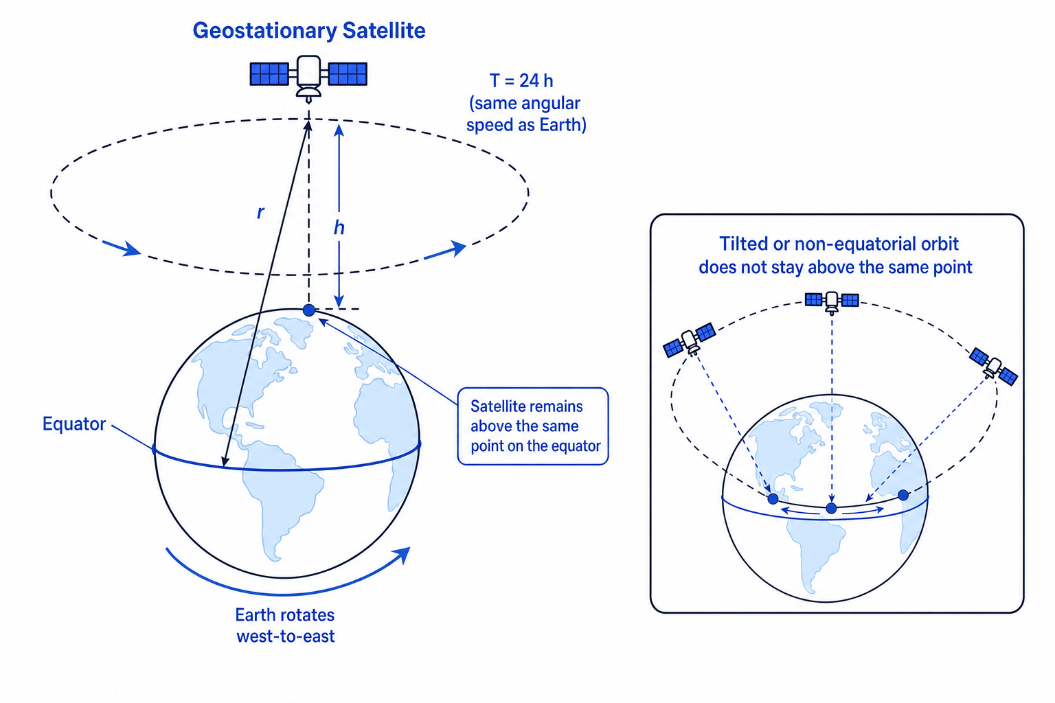 Geostationary satellite above Earth’s equator, showing orbital radius and altitude