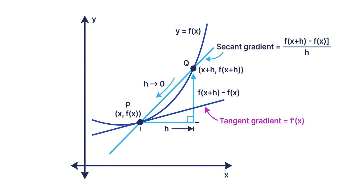 A curve showing points P and Q, the secant through them, and the tangent at P as h approaches zero