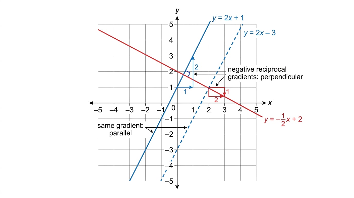 Coordinate diagram showing parallel lines with the same gradient and a perpendicular line with negative reciprocal gradient