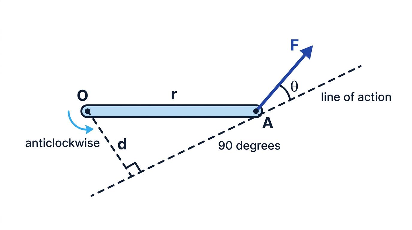 A force acting at an angle to a rigid bar, with its line of action and perpendicular distance from the axis labelled