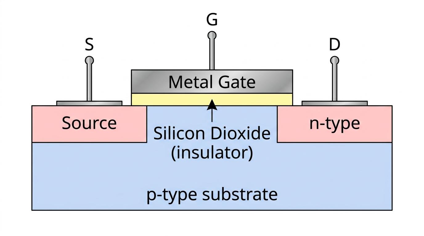 Simplified cross-section diagram of an n-channel enhancement mode MOSFET
