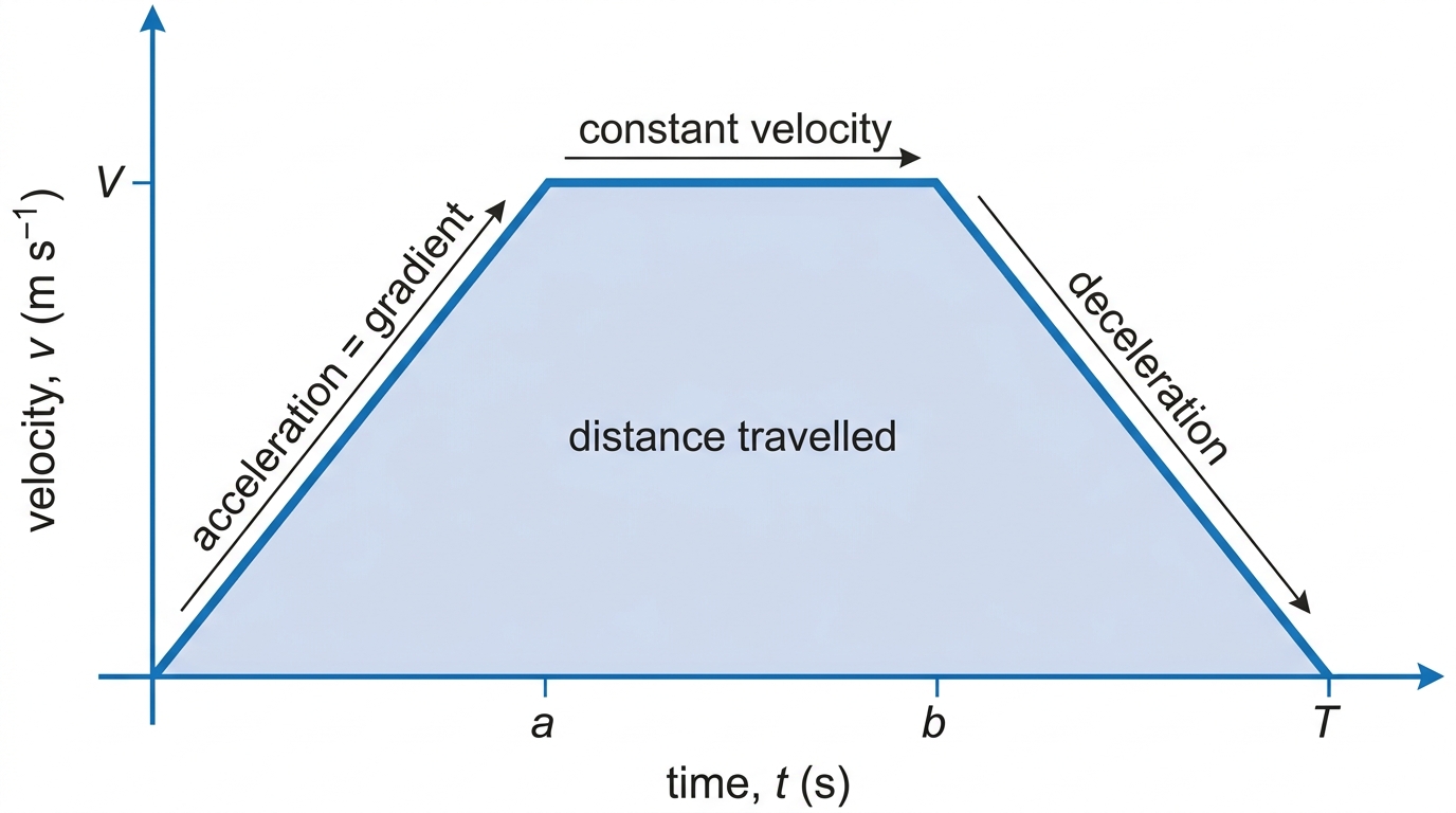 A labelled velocity-time graph showing acceleration, constant velocity, deceleration, and shaded area for distance travelled