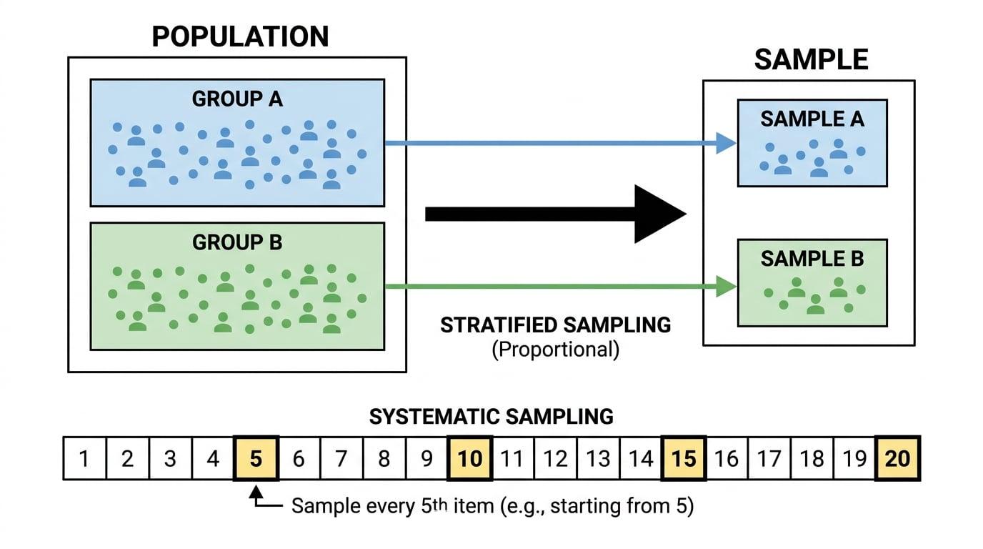 Diagram showing population, sample, strata and systematic sampling
