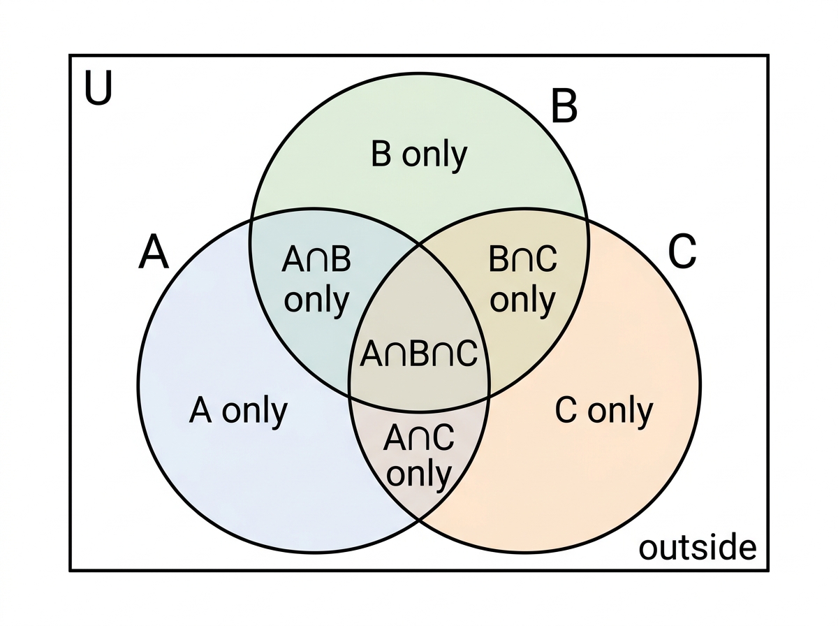 Venn diagram showing the regions formed by three overlapping events A, B and C