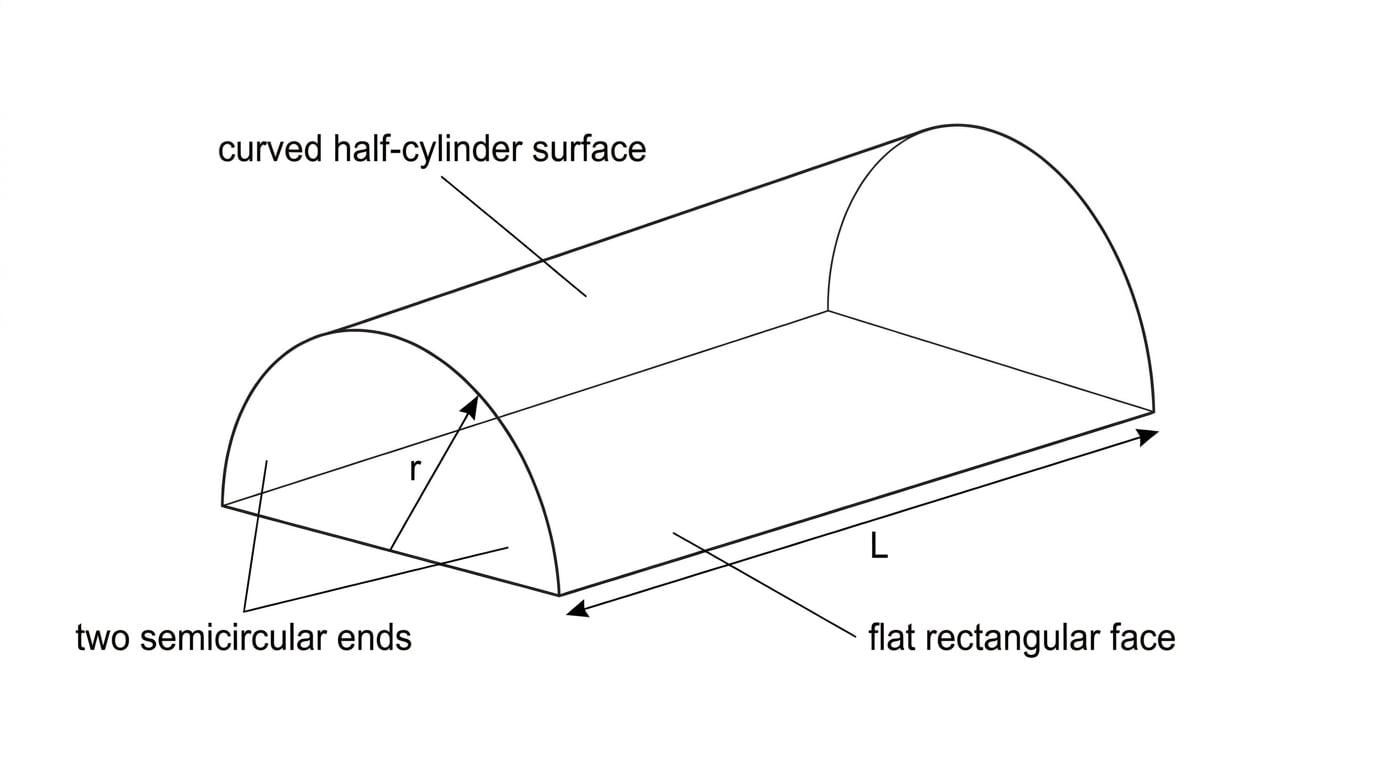 Diagram of a semi-cylinder labelled with radius, length, curved surface, semicircular ends, and flat rectangular face