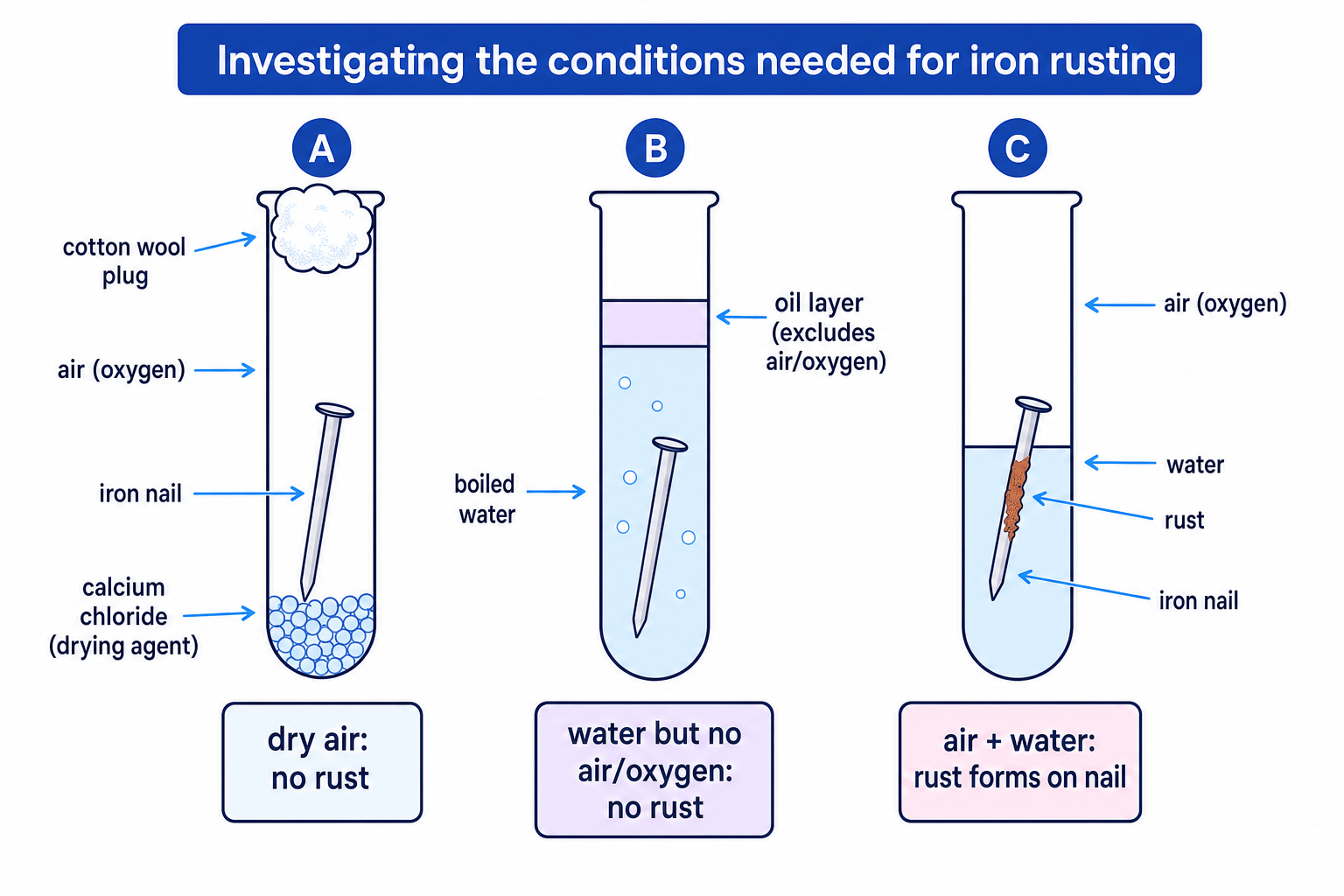 Three test tubes showing dry air, boiled water with oil, and air plus water conditions for rusting