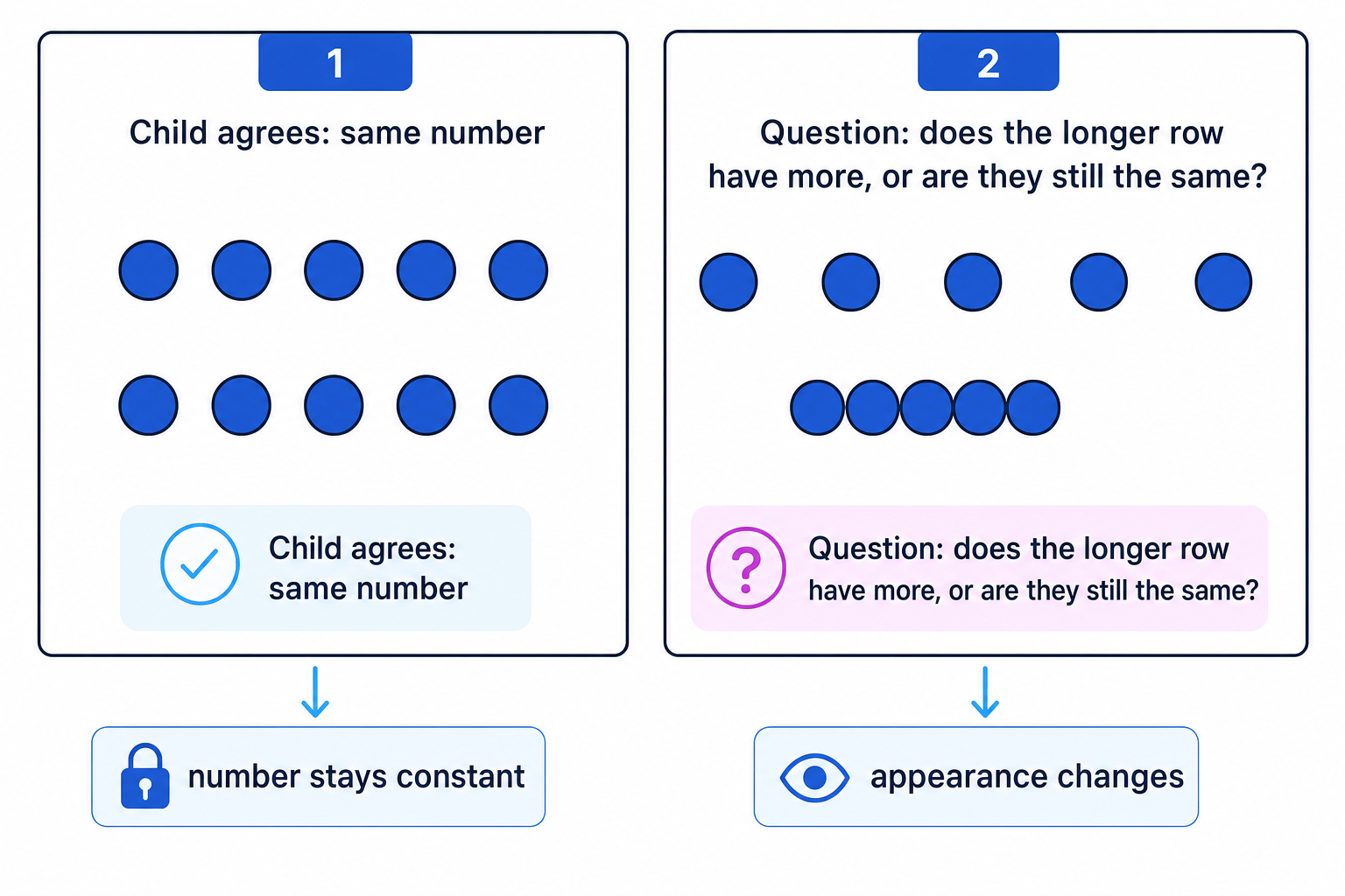 Two-panel conservation of number task showing equal rows before one row is spread out