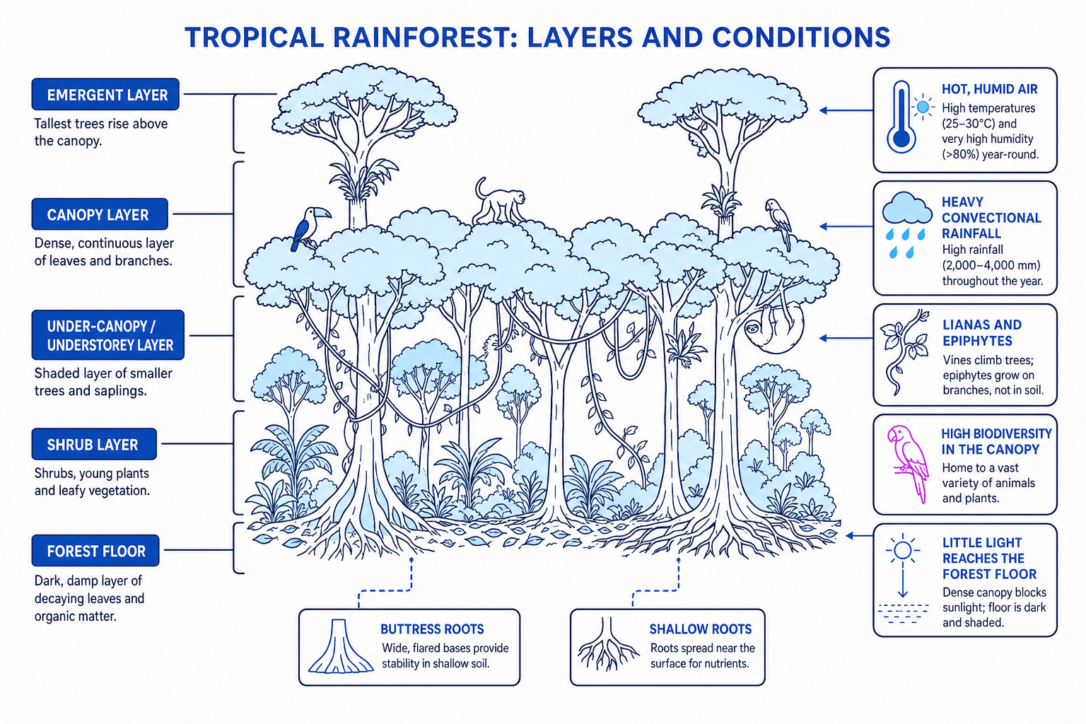 Labelled cross-section of tropical rainforest layers and conditions