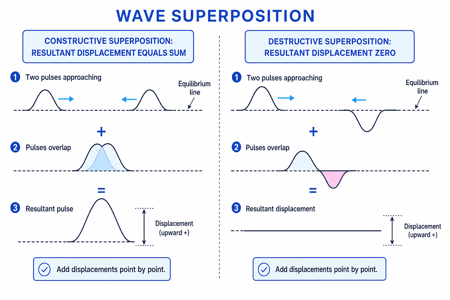Diagram showing constructive and destructive wave superposition by adding displacements point by point