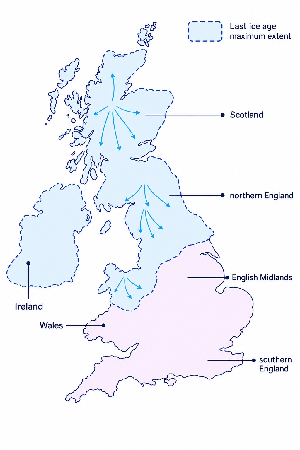 Map showing the maximum extent of ice cover across the UK during the last ice age