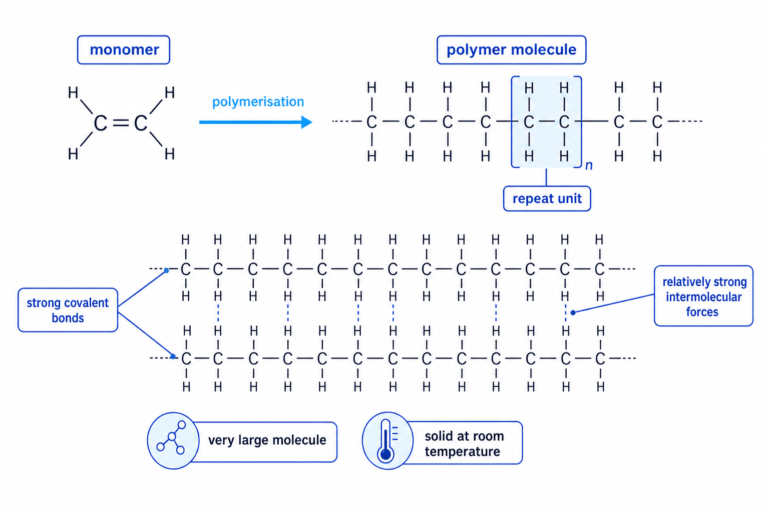 Diagram showing a monomer forming a polymer chain, with covalent bonds within chains and intermolecular forces between chains