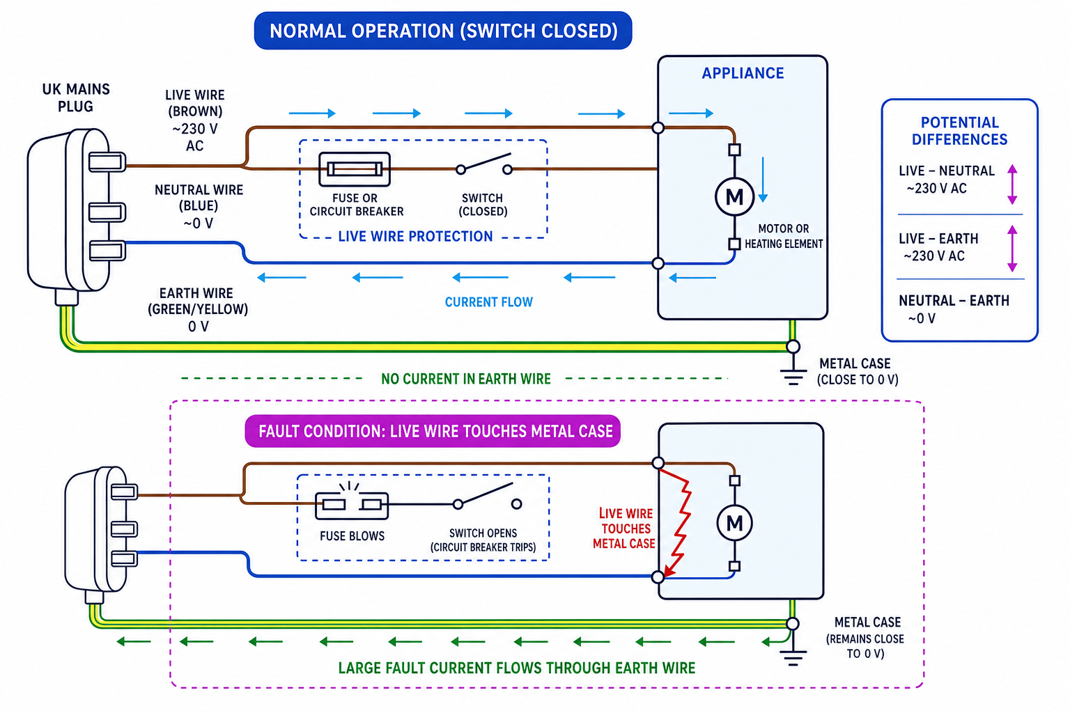 Domestic appliance wiring showing live, neutral, earth, fuse, switch and earth fault protection