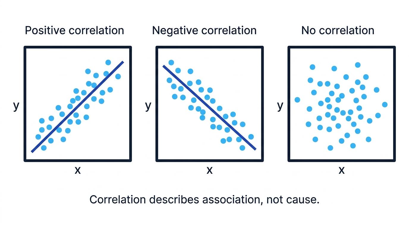 Three scatter diagrams showing positive correlation, negative correlation and no correlation