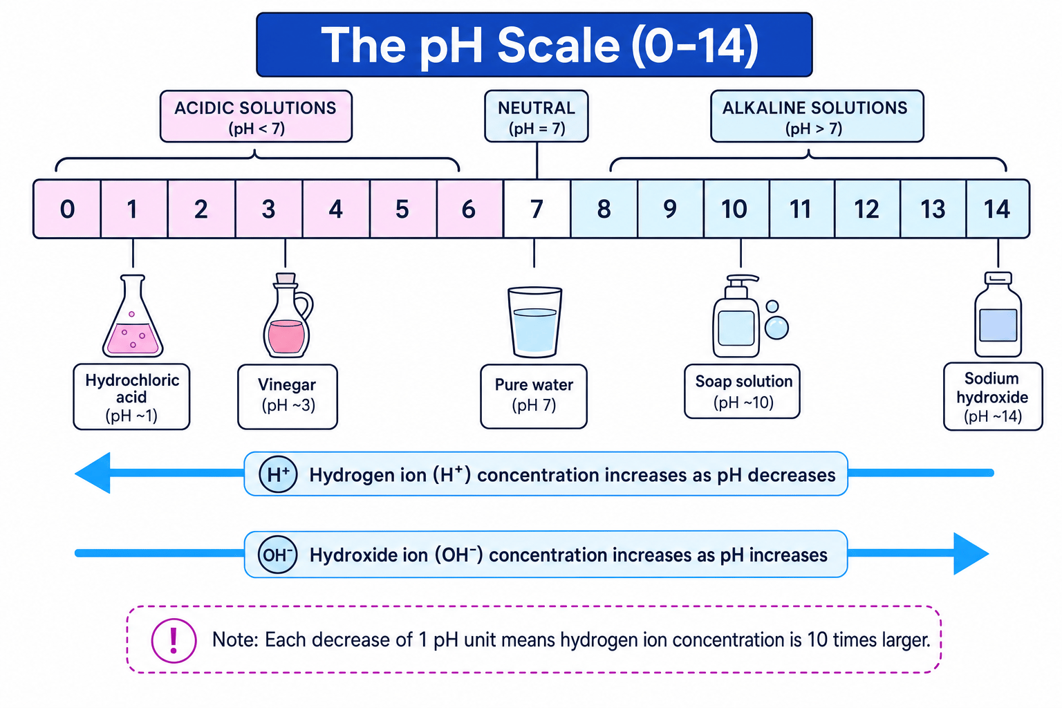 pH scale from 0 to 14 showing acids, neutral water, alkalis, and ion concentration trends