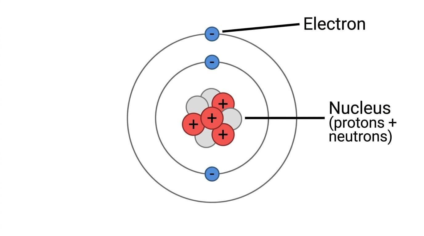 A clean, modern textbook diagram of a simple atom model