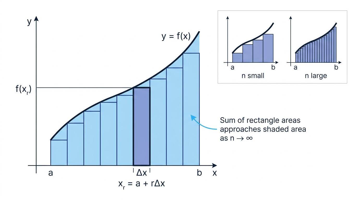 A curve from x equals a to x equals b divided into right-endpoint rectangles, showing that more narrow rectangles give a closer area approximation