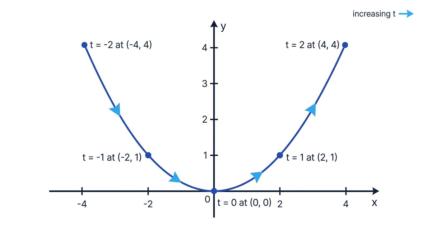 Graph of x equals 2t and y equals t squared, with labelled parameter values and arrows showing increasing t
