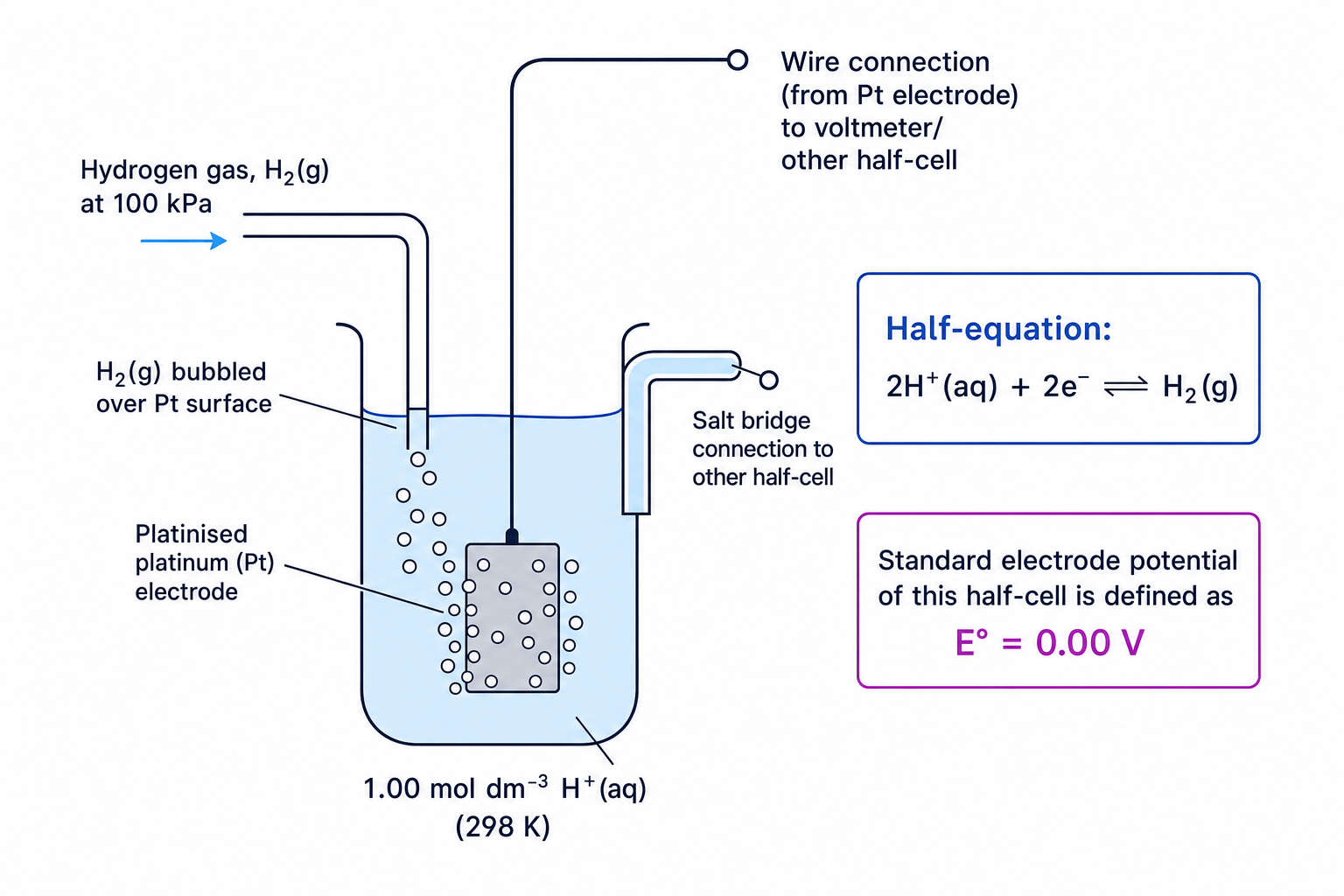 Standard hydrogen electrode showing platinised platinum, hydrogen gas at 100 kPa, 1.00 mol dm⁻³ hydrogen ions and E° = 0.00 V