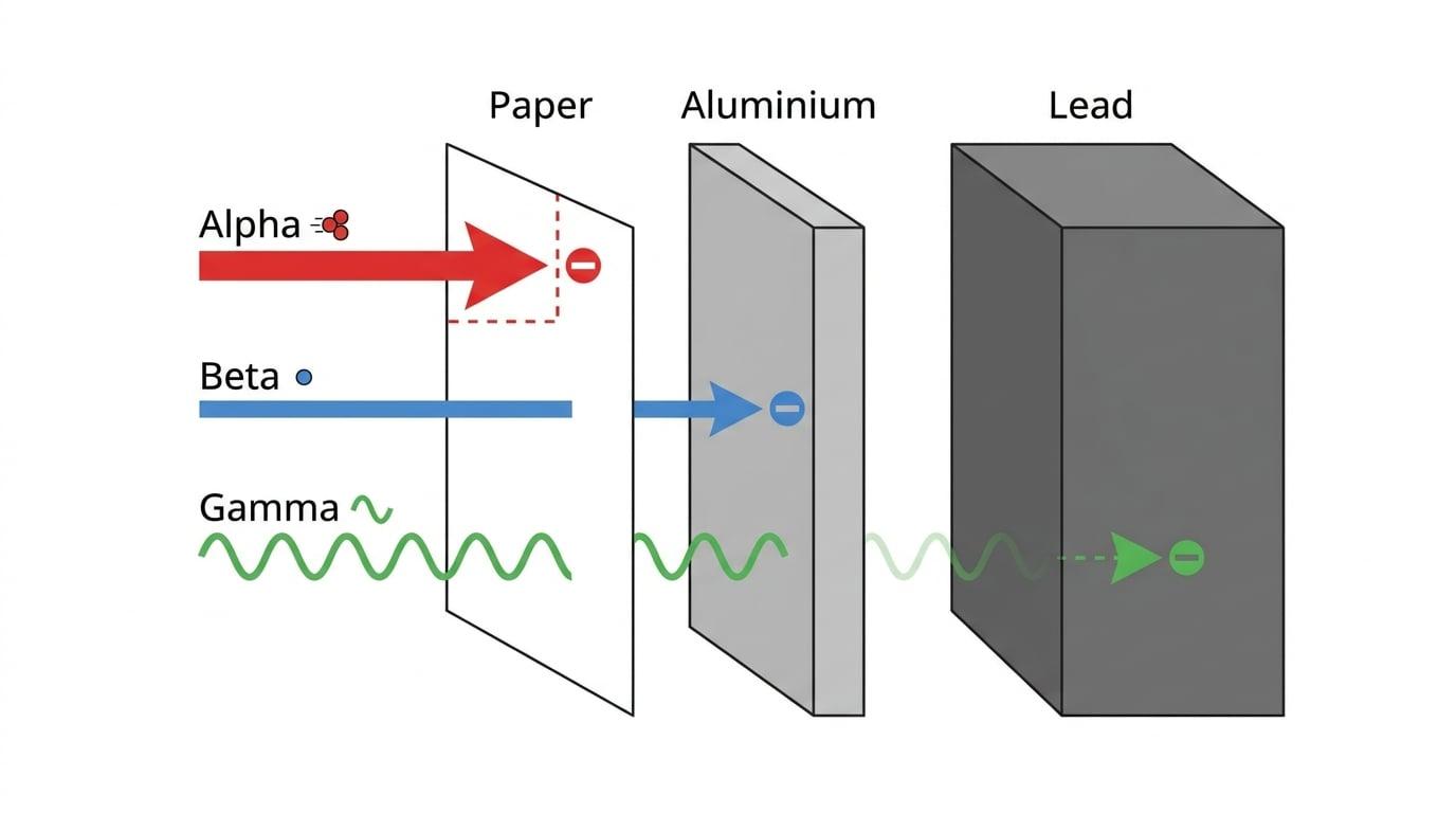 Penetration of alpha, beta, and gamma radiation