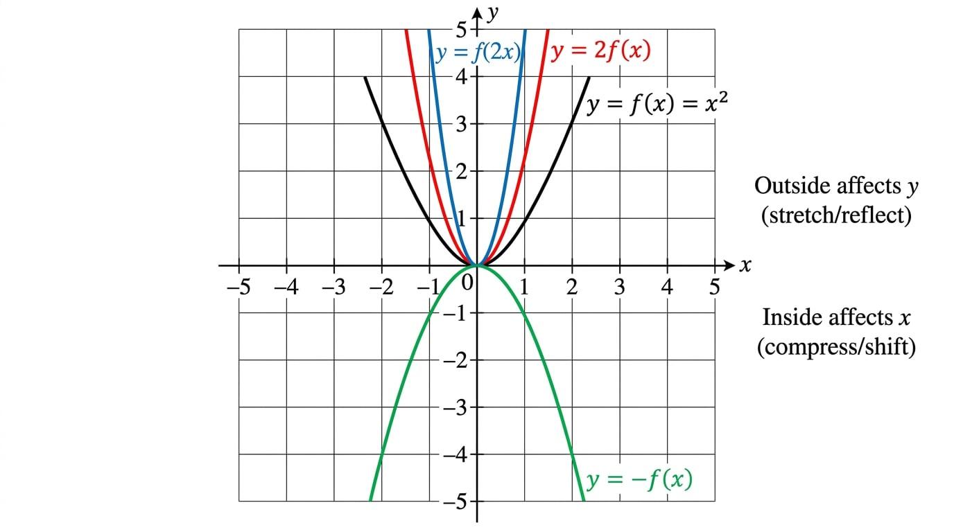 Original parabola compared with vertical stretch, horizontal compression and reflection