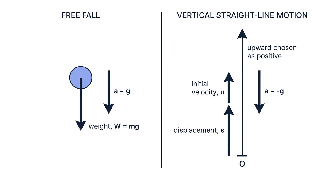 Force and motion diagrams for free fall and upward-positive vertical motion