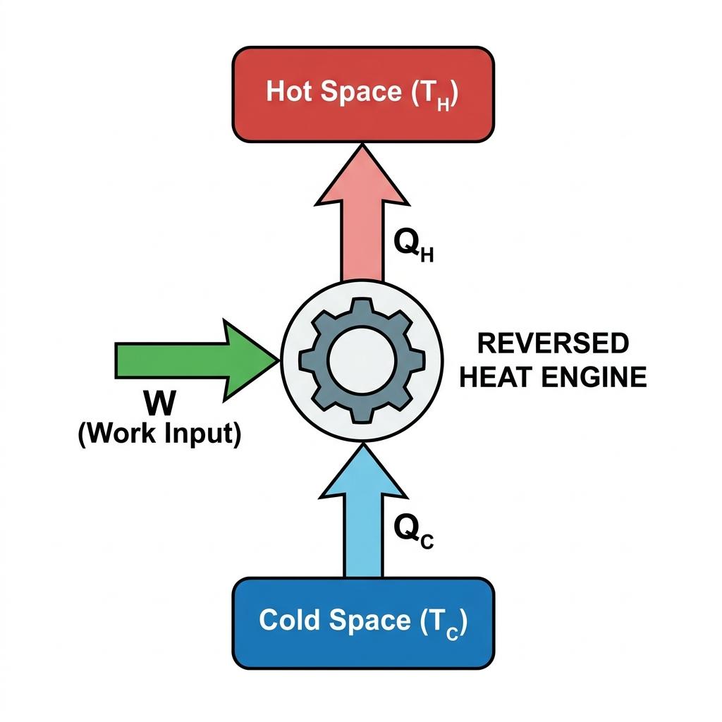Diagram of a reversed heat engine showing heat pumped from cold to hot using work