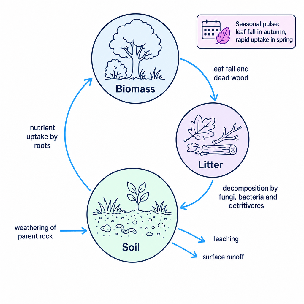 Gersmehl nutrient cycle diagram for temperate deciduous woodland