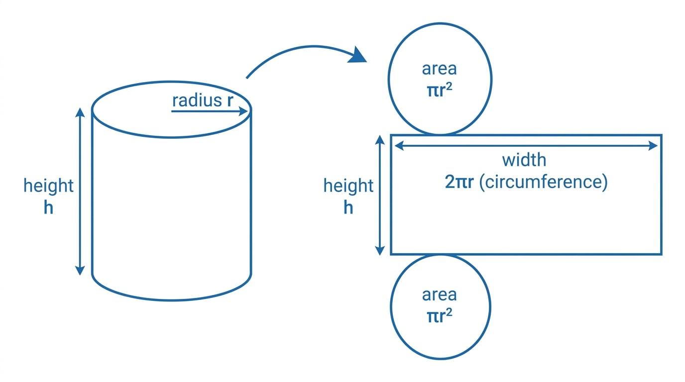 Diagram showing a cylinder and its net with two circular ends and one rectangle labelled using radius and height