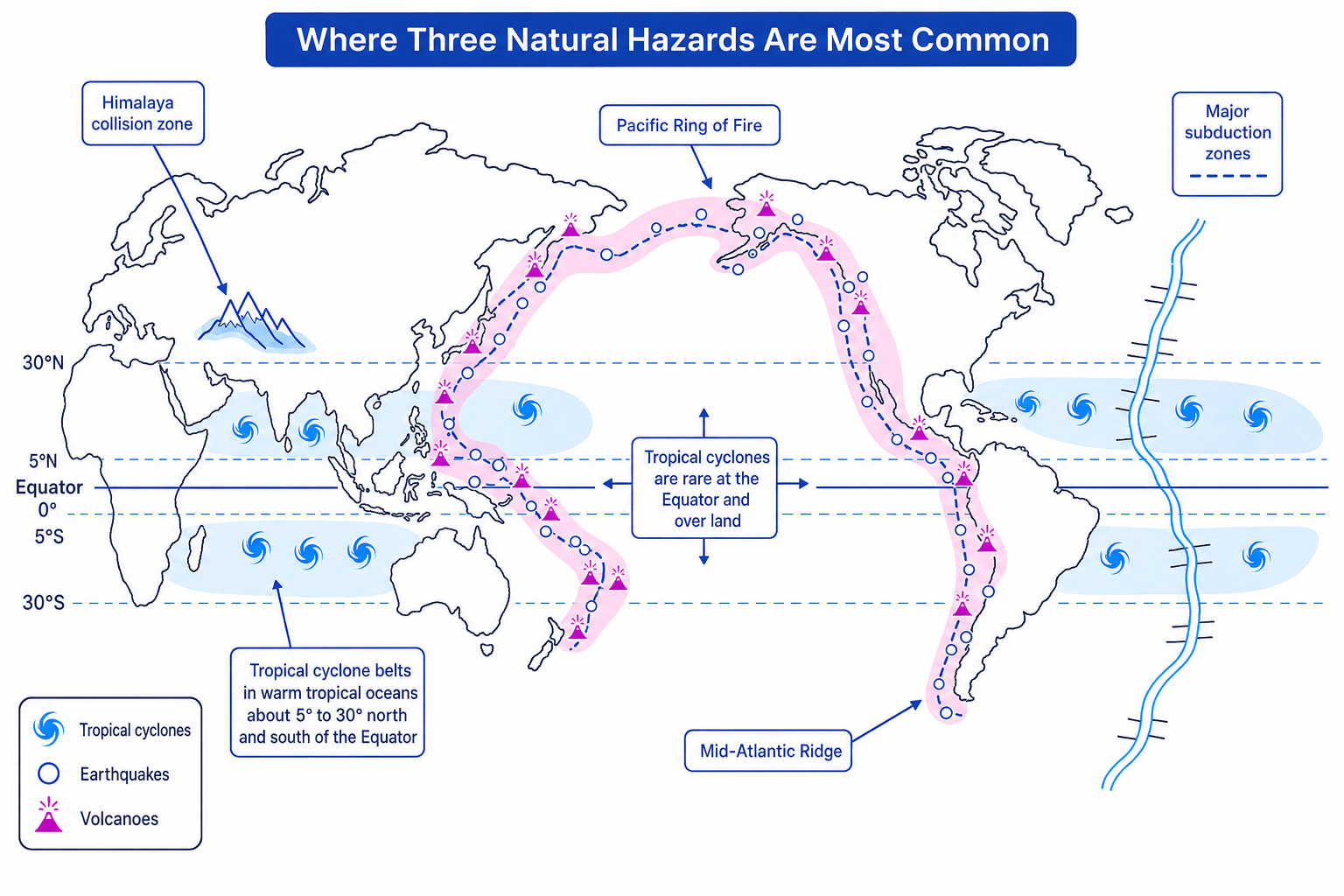 World map showing tropical cyclone belts, earthquake zones and volcano belts