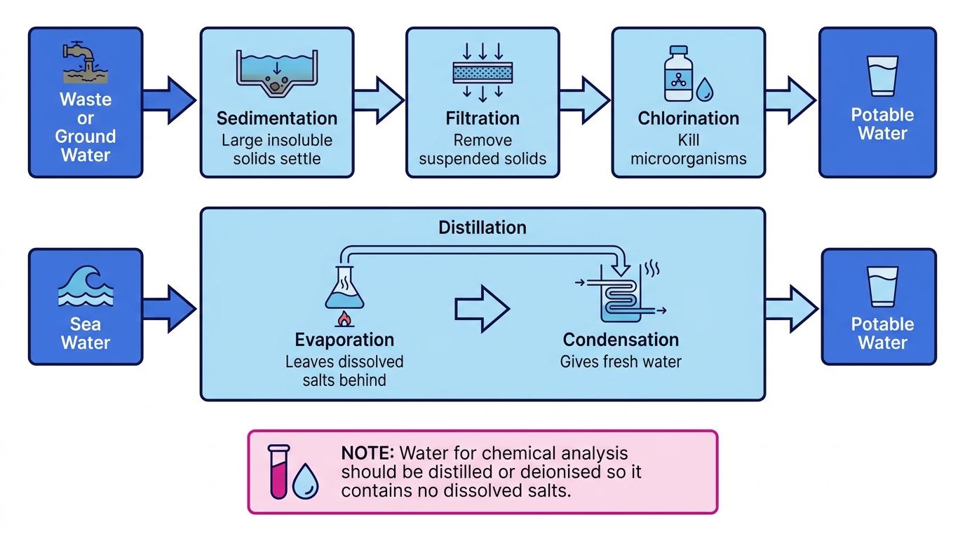 Flow diagram showing potable water treatment by sedimentation, filtration and chlorination, and seawater treatment by distillation