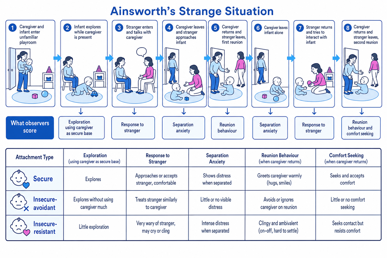 A labelled flow diagram showing the eight episodes of Ainsworth's Strange Situation and the three main attachment types