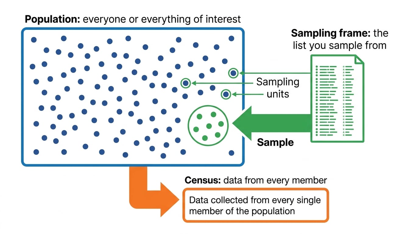 Diagram showing population, sampling frame, sampling units, sample, and census