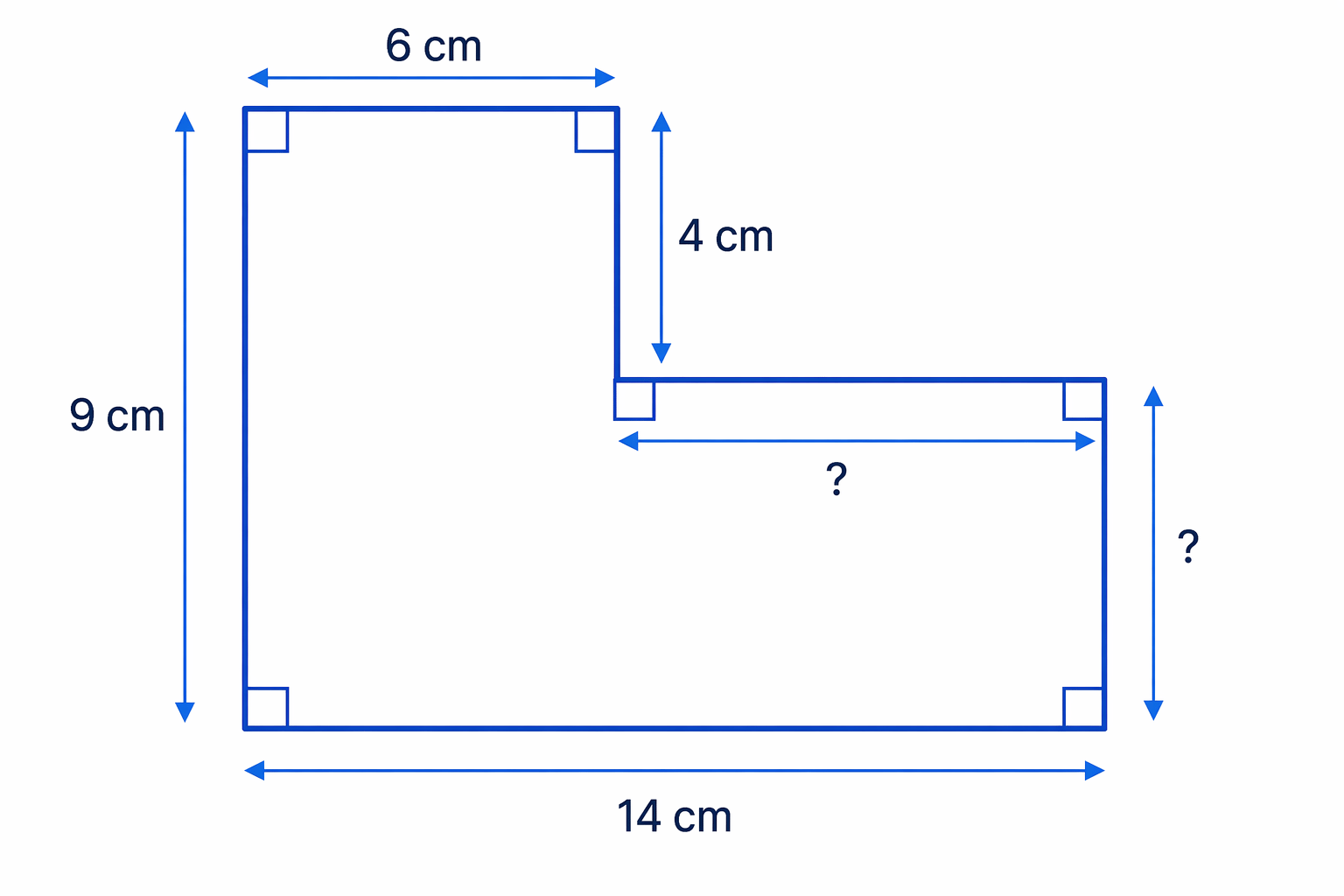 L-shape with given outer lengths and the missing width and height that can be found from opposite totals.