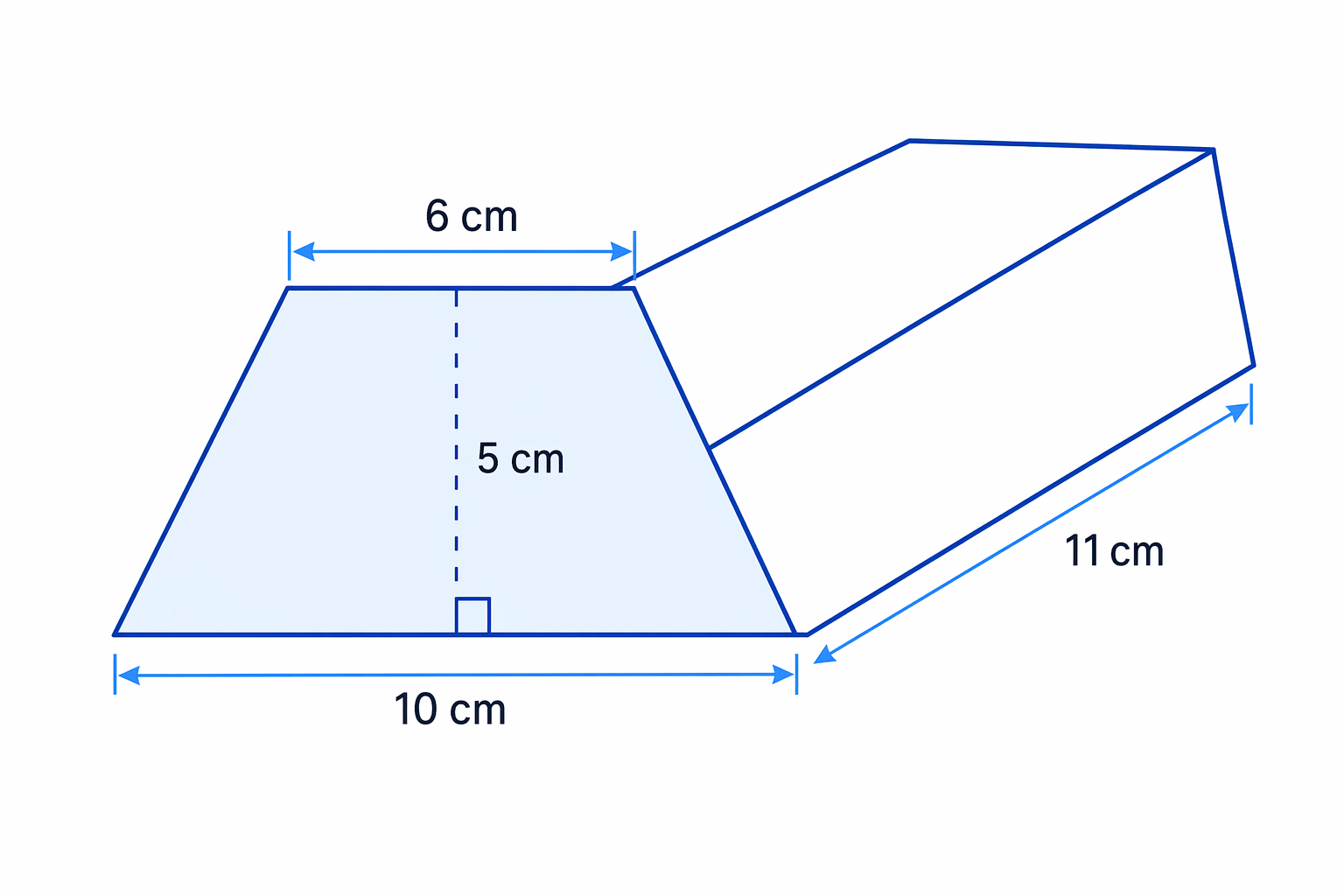 Trapezium prism with parallel sides 6 cm and 10 cm, perpendicular height 5 cm, and length 11 cm.